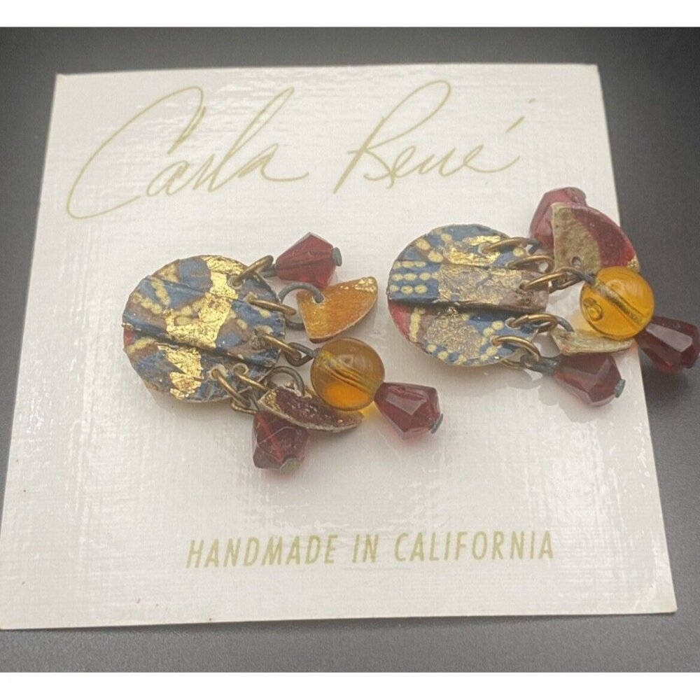 NWT Vintage Earrings Carla Renee Handmade in California Dangle Pierced Earthtone - Picture 3 of 5